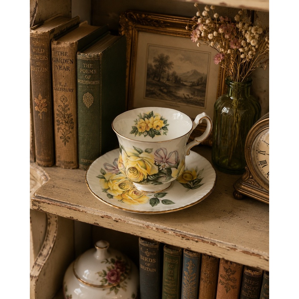 Royal Crest England Fine Bone China Teacup Saucer Set Yellow Rose Ribbon Gold
